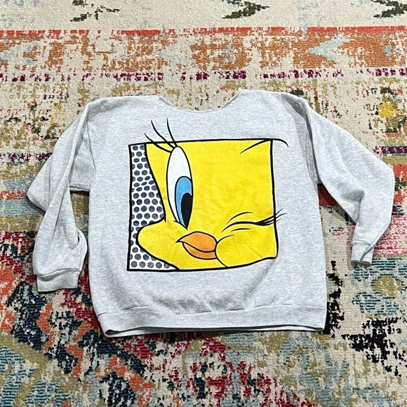 Vintage 1990s Looney Tunes Tweety Bird Cartoon Graphic Gray Pullover Sweaetshirt - Picture 1 of 4